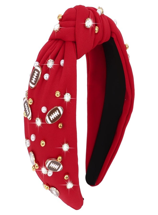 YARIEW Football Headband for Women Pearl Rhinestone Jeweled Knotted Headband Fashion Headband Wide Game Day Sports Hair Accessories Gift for Football Mom Fans Christmas (Red) - Image 1